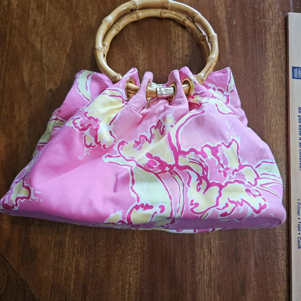 Lilly Pulitzer Pink and Yellow Tote with Bamboo Handles - Picture 5 of 9